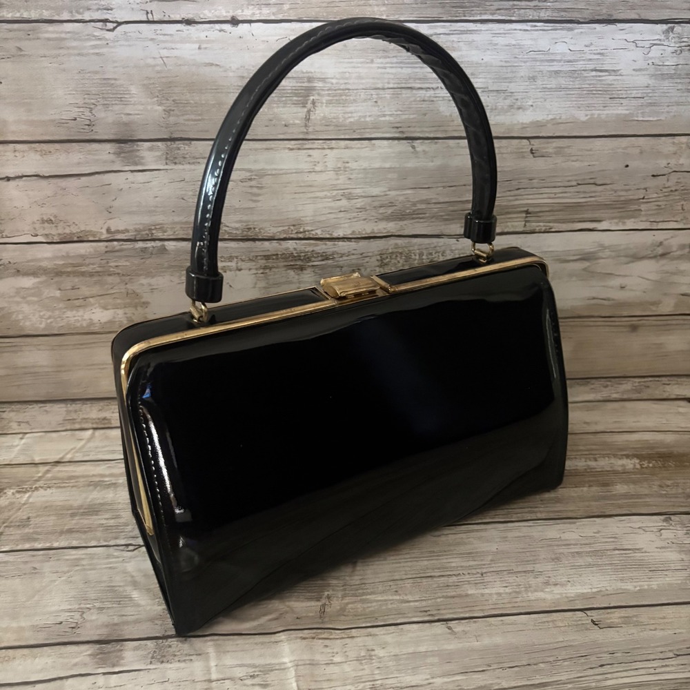 VTG 60s Top Handle Purse Bag Glossy Black Vinyl Framed Kelly Style Retro Classy - Picture 2 of 11